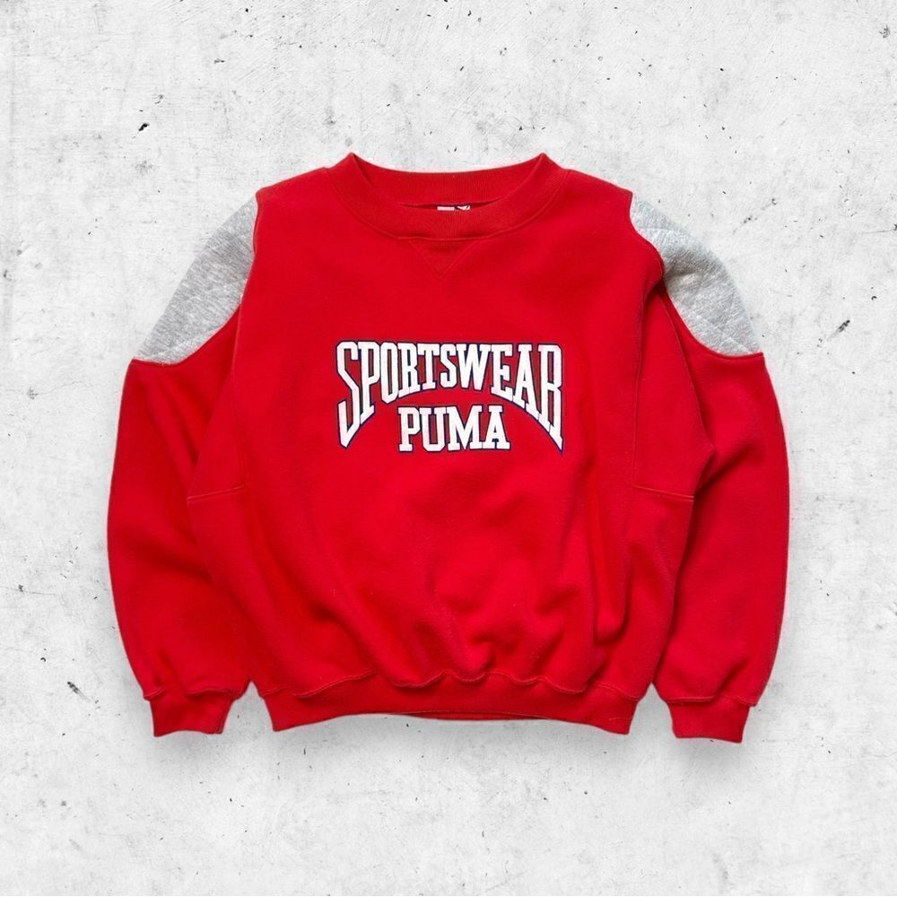 Vtg 90s Puma Sportswear Sweatshirt, Elbow Patches, V Stitch, Soft Puff Print, L